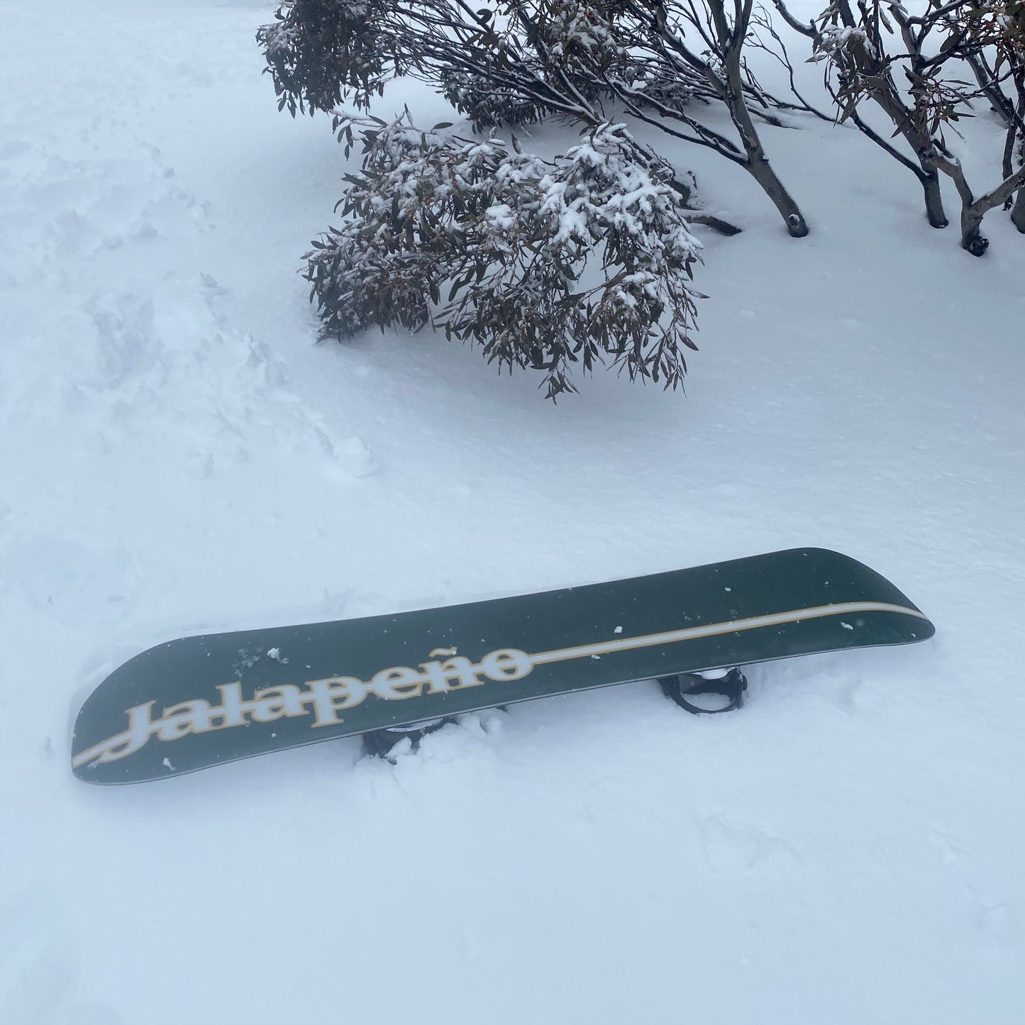 Base Graphic of RetroPRO custom twin shape snowboard on hill in powder snow at Perisher Australia - Jalapeño Board Company | Custom Snowboards Australia