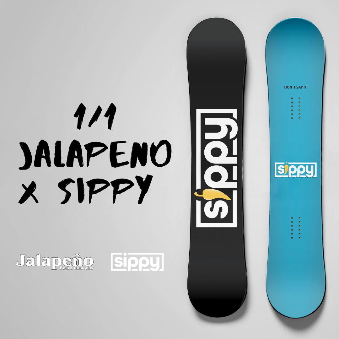 custom jalapeno snowboard made in collaboration with sippy lager as part of a promotional giveaway for winter